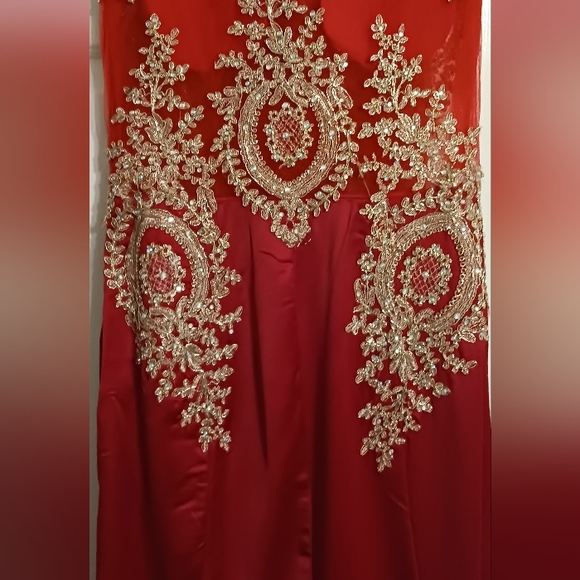 Gorgeous RED Gown with gold brocade overlaid lace  Size 10 - Picture 4 of 6